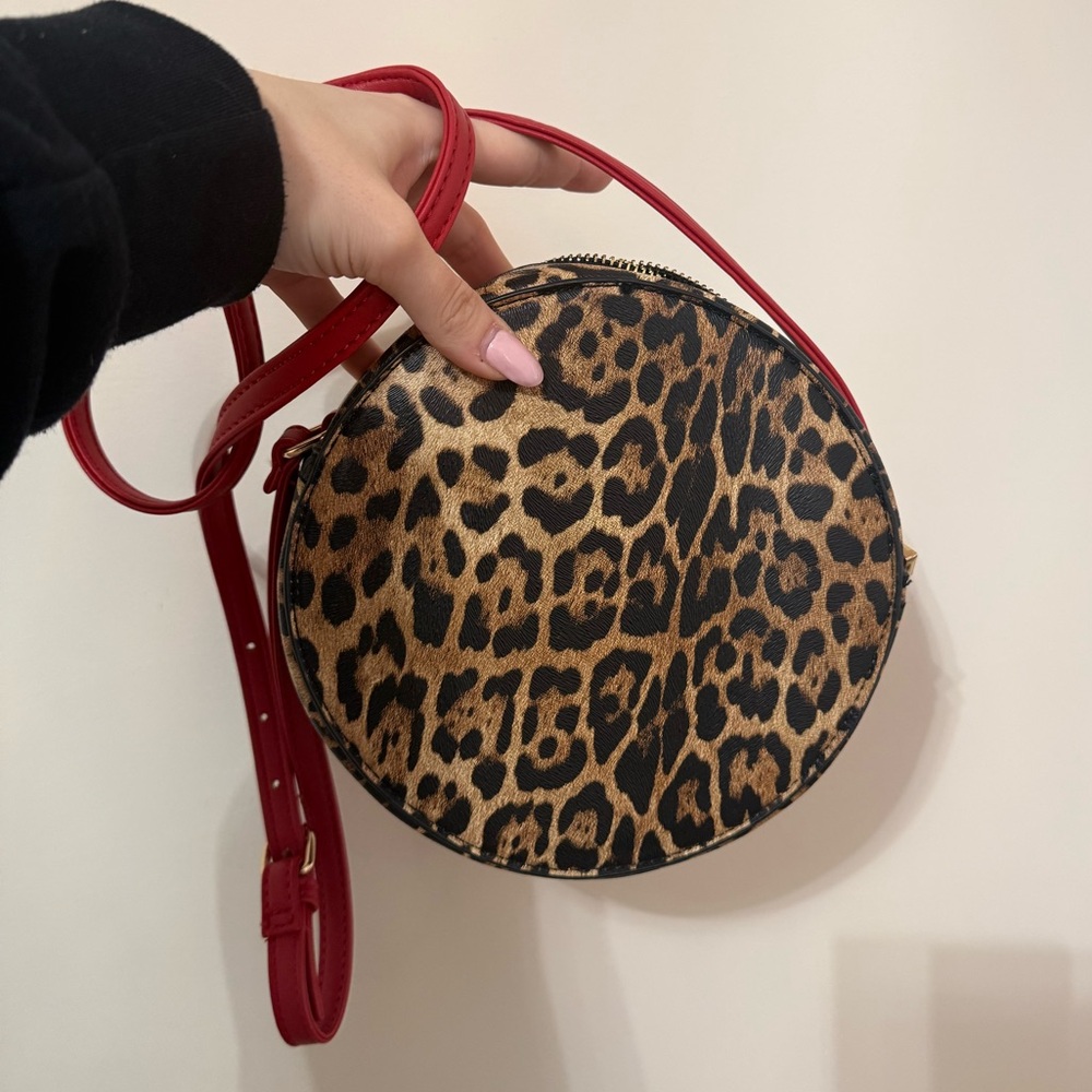 Leopard Print Round Crossbody Bag with Red Strap